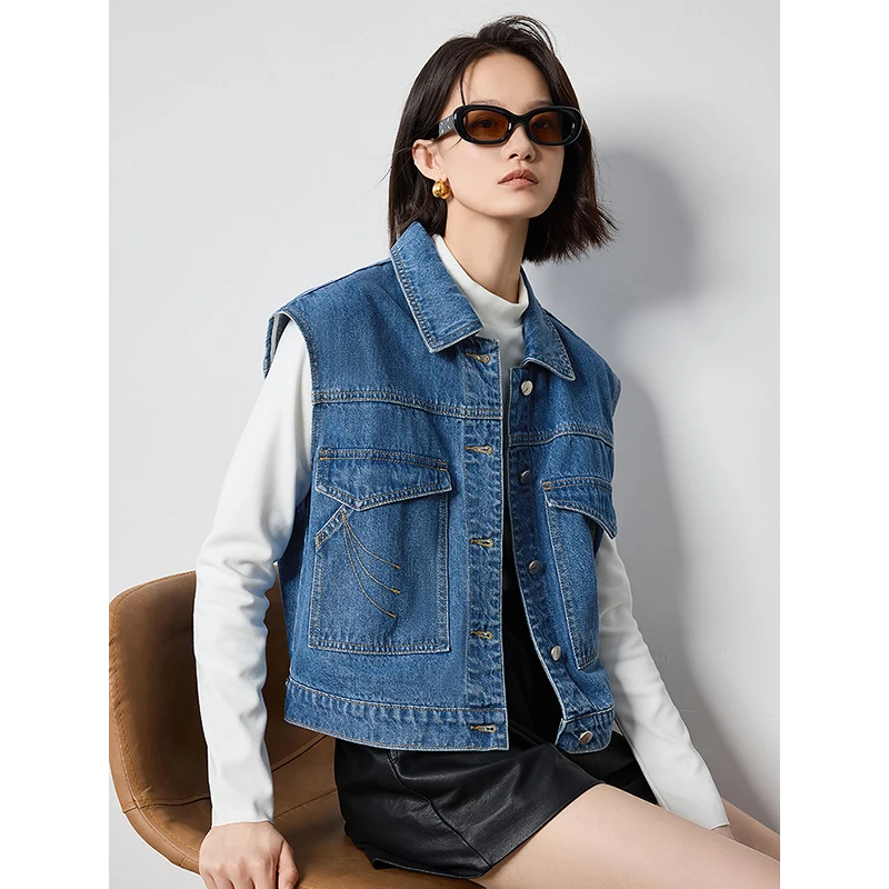 TOYOUTH Women Denim Vest 2024 Autumn New Streetwear Turn Down Collar Pocket design Cowgirl Sleeveless Camisole Vest Jacket