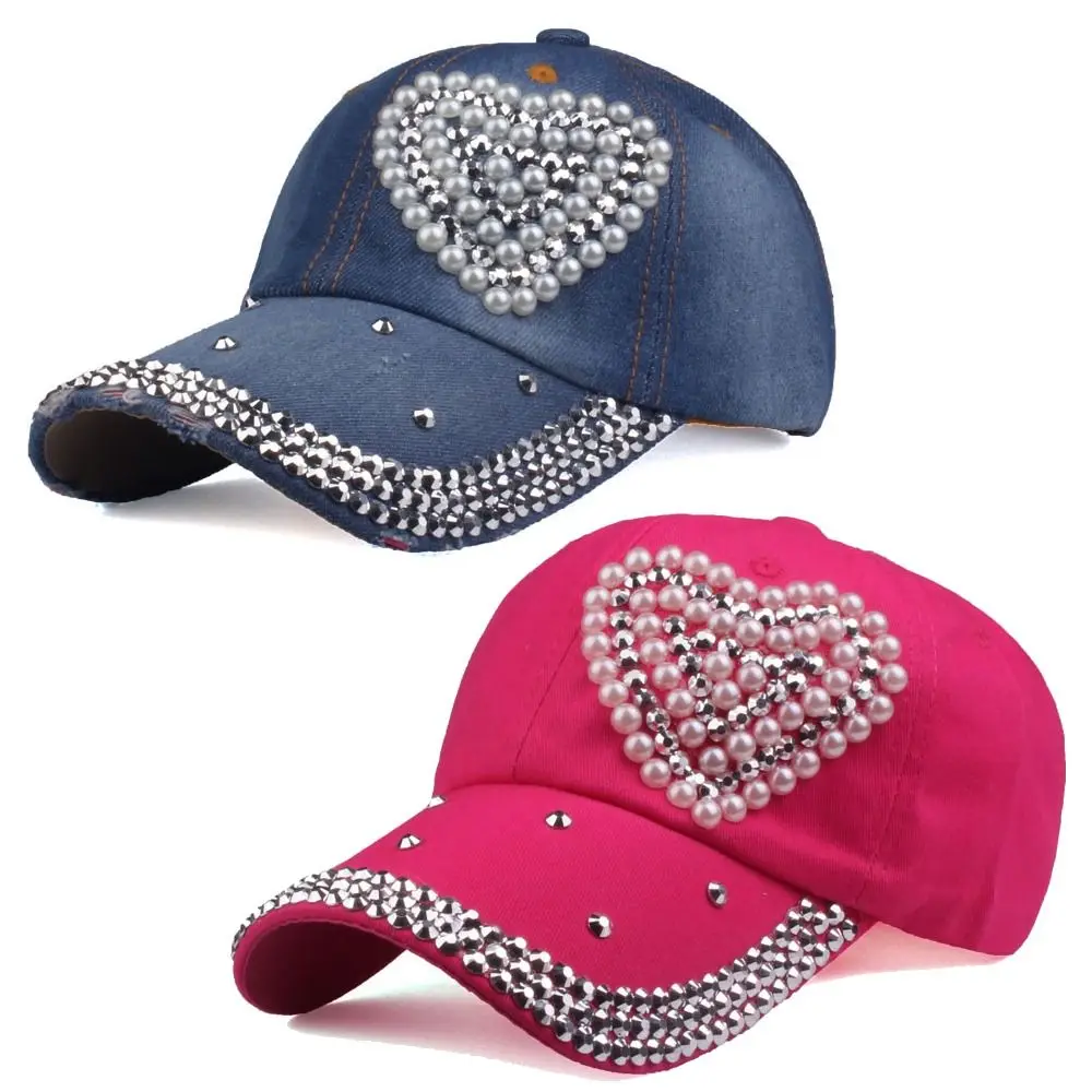 Hip Hop Rhinestones Studded Baseball Caps Heart Shaped Sunshade Peaked Cap Pearl Adjustable Ponytail Baseball Cap Women Man