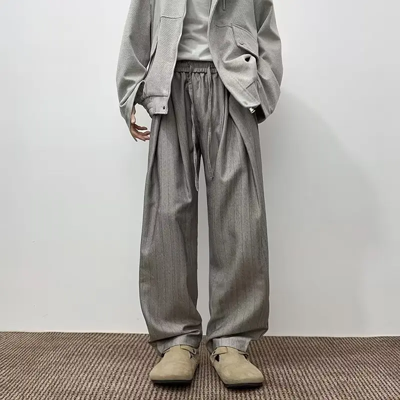 WTHT Fashion Men's Striped Pleated Loose Blazer Pants Trendy 2025 Winter Elastic High Waist Wide Leg Trousers Male 2A2586