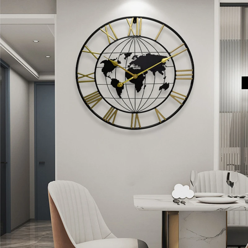 

Modern 3D Large Wall Clock Retro Round Creative World Map Wall Decor Wall Clock Living Room Bedroom Office Decoration Watch 60cm