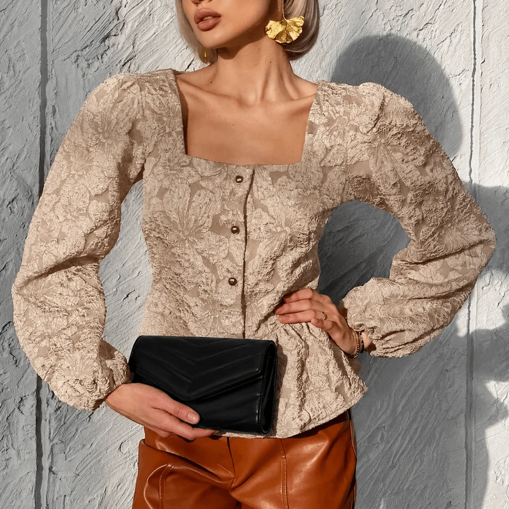 French Elegant Blouse Garment Puff Sleeve Cut Square Collar Jacquard Shirt Top Office Match Frame Jacquard Fabric