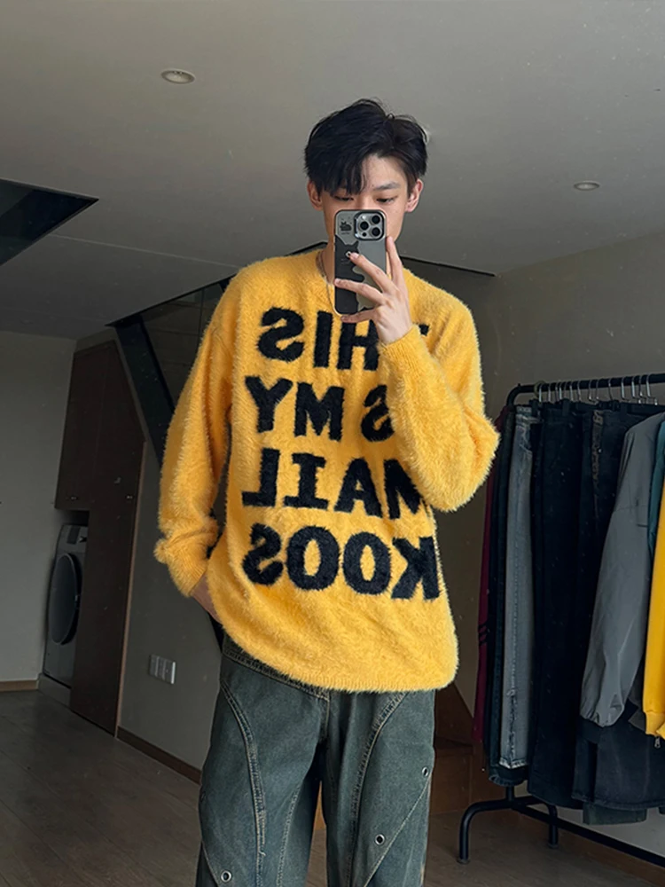 

Мягкий уютный мужской вязаный свитер с круглым вырезом и длинными рукавами, осенне-зимний, с вышивкой букв, из искусственного меха норки, повседневная верхняя одежда