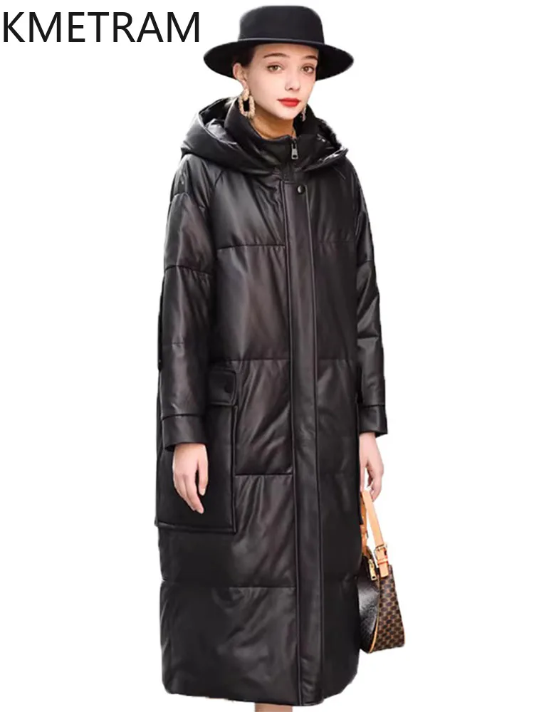 معطف KMETRAM من جلد الغنم الطبيعي أسفل معطف أسفل جلد طبيعي أسفل سترة نسائية شتوية غير رسمية بقلنسوة ملابس خارجية طويلة 2025 ropa mujer