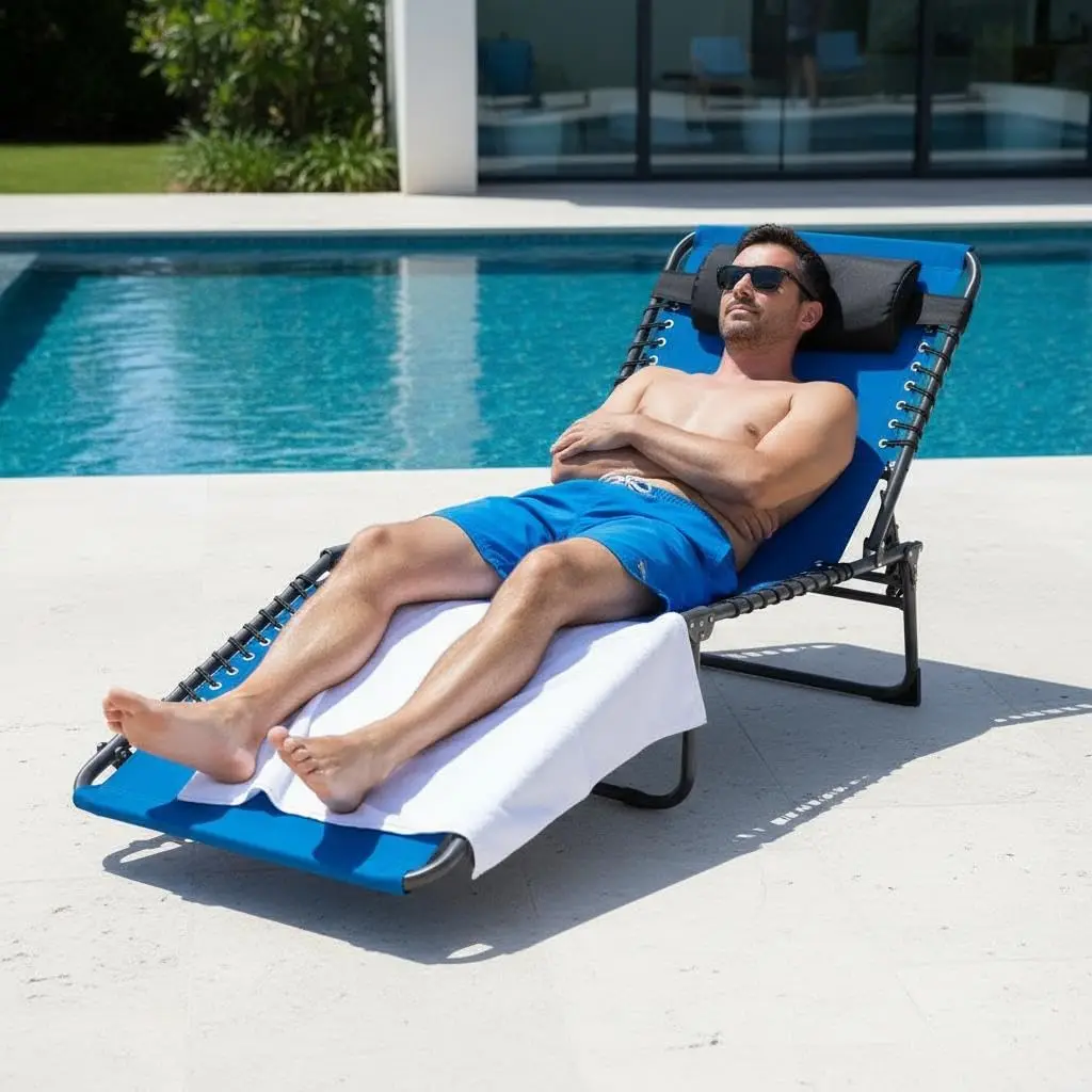Chaise Lounge Chair,5-Position Adjustable Folding Lounger with Carry Handle & Side Pocket,Lounge Cot with Removable Pillow