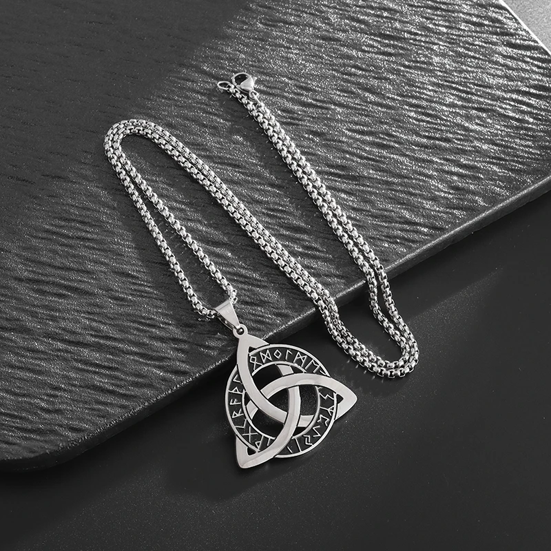 Stainless Steel Nordic Rune Triangle Knot Pendant Necklace for Men Women Irish Celtic Trinity Knot Lucky Amulet Jewelry