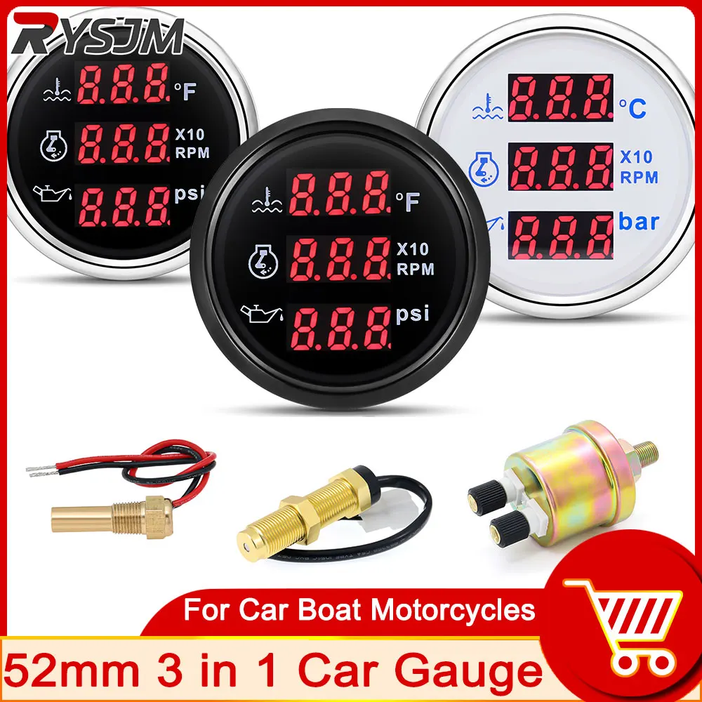 Boat RV Universal 52mm 3 in 1 Tachometer Multi-Function Gauge Water Temp Oil Pressure Gauge With Alarm Red Backlight customized