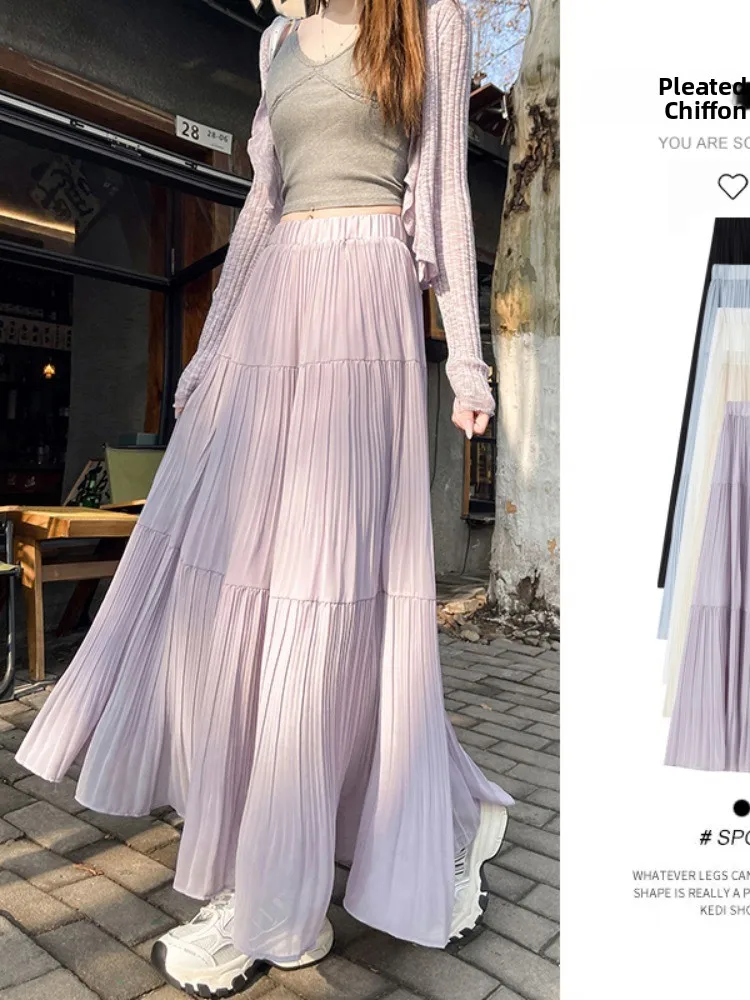 Ele Gentle Sle High Waist Plissee A-Linie Midirock Damen Neu 2025, schlankmachender, hüftbedeckender, langer Dra-Rock