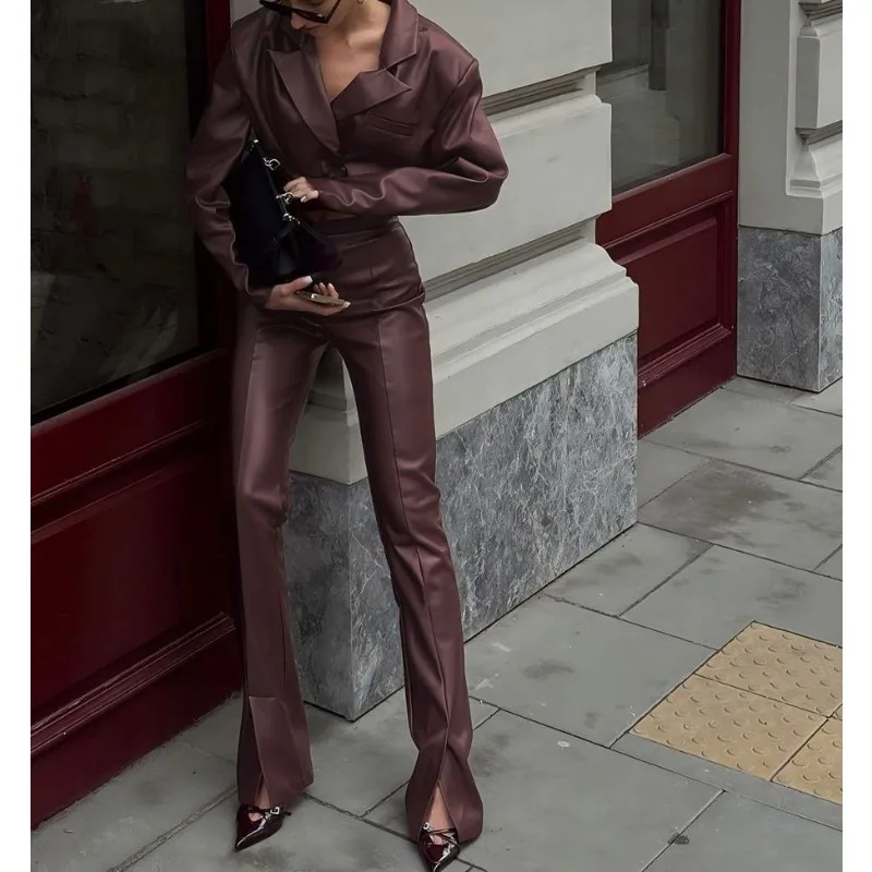 

Atmospheric Flamboyant Leather Suit Long-sleeved Jacket Women's Slim Trousers Suit Autumn