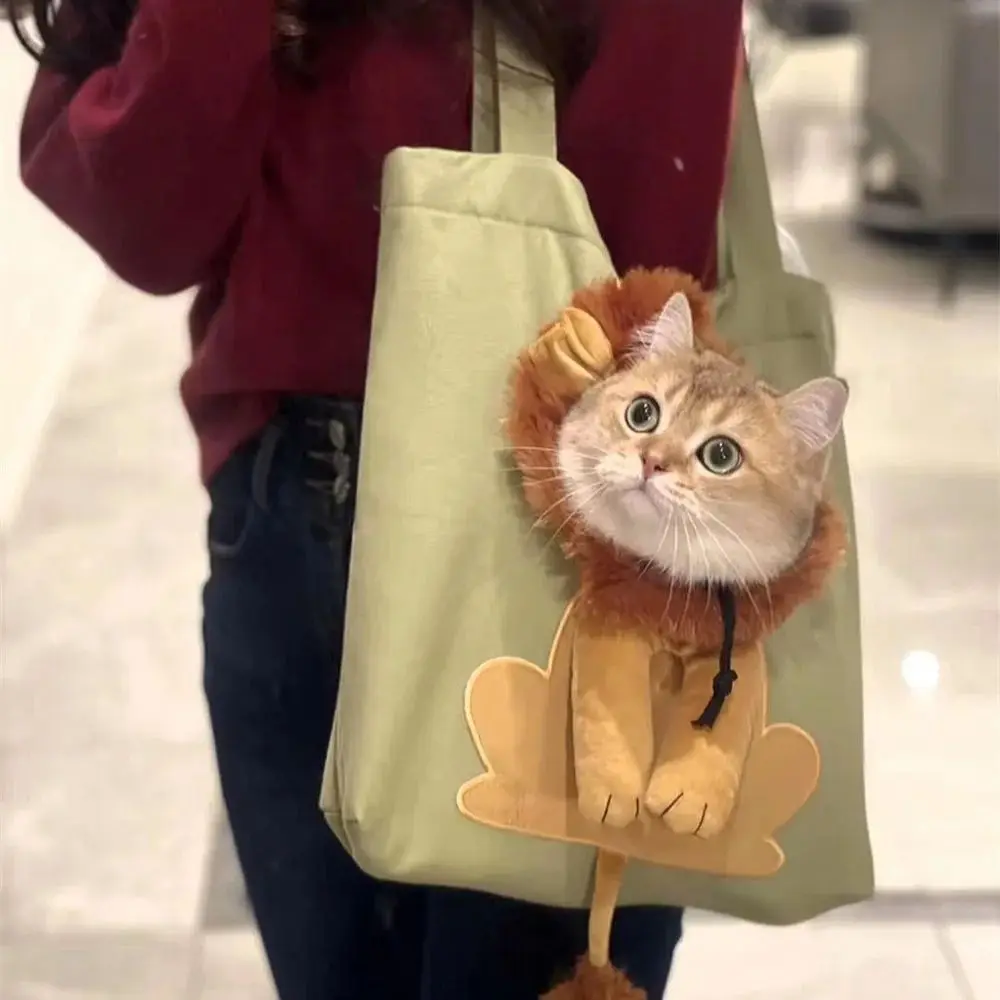 Pet Canvas Shoulder Bag Lion Shaped Cute Cat Carrier Portable Shoulder Carrying Bag Chest Cat Bag Outdoor Cat Tote