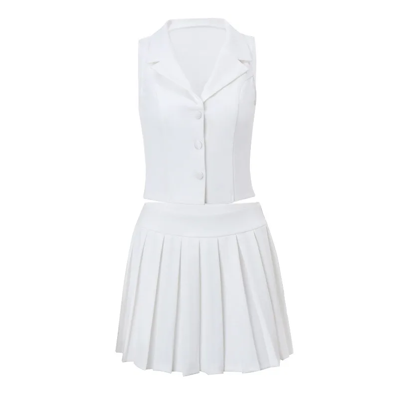 Women's 2024 Spring New Sexy Spicy Girl V-neck Vest & Slim Pleated Skirt Set Female Fashion Crop Tank Top Sets Two Piece Outfits