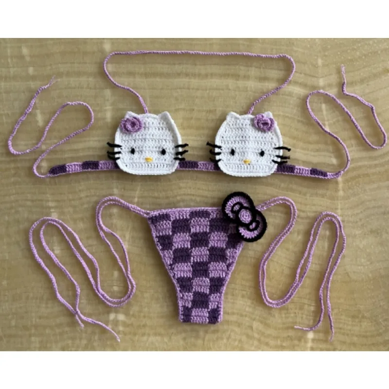 Conjunto de biquíni de crochê fofo da senhora 2 peças maiô sexy micro biquinis 2024 laços maiô tangas roupa de banho das mulheres