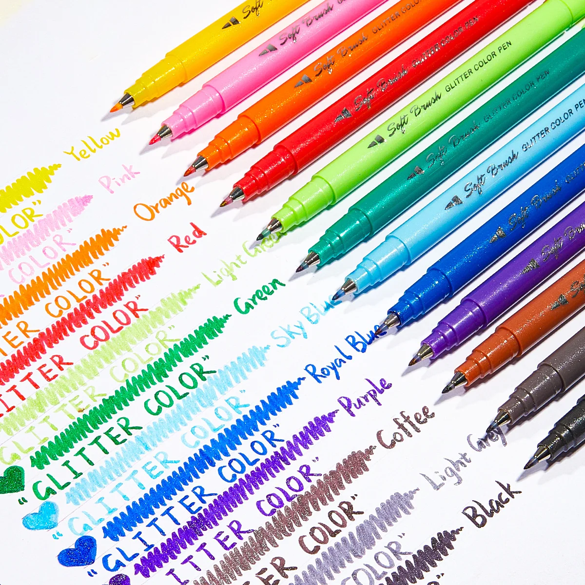 Glitter Soft Fiber Brush Pen Sparkling Color Fiber Tip Marker for Beginners Calligraphy Scrapbooking Hand Lettering Drawing