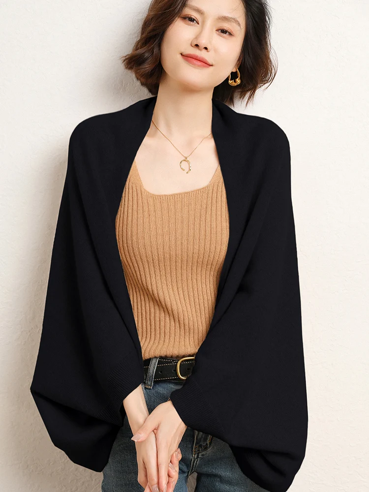 Spring New 100% Merino Wool Cardigan For Women Soft Solid Cashmere Knitwear Shawl Scarf Female Korean Popular Sweater Grace Tops