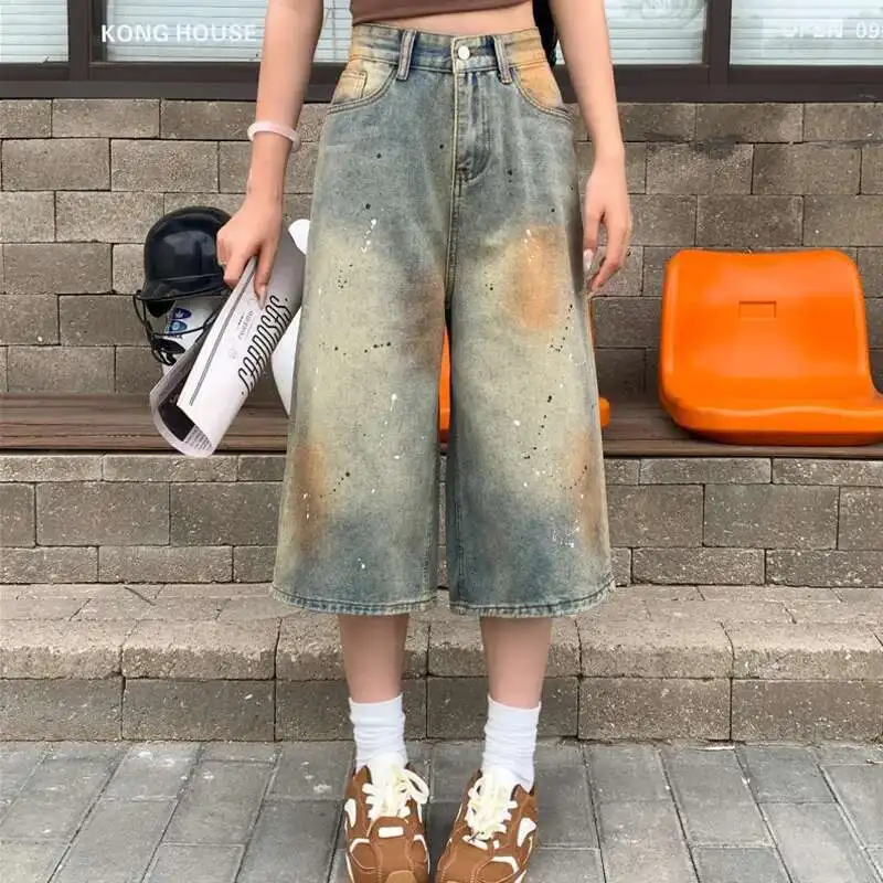 Splash-ink Dot Washed Do-old Denim Wide Leg Pants Streetwear Casual Style Women Calf-Length Jeans Summer Chic