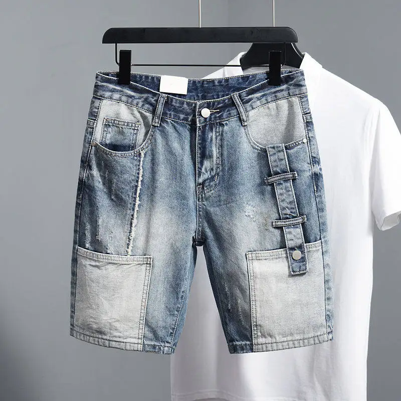 

Multi Pocket Patchwork Denim Shorts American Casual Fashion Summer Washed Frayed Men's Color Contrasting Safari Style Shorts