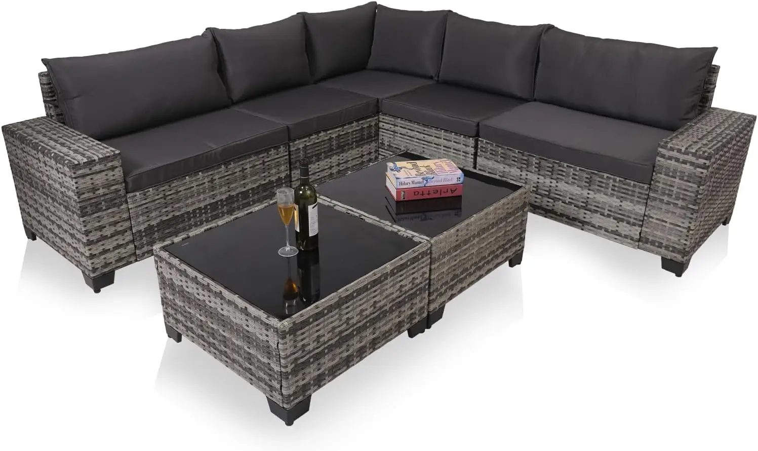 

Patio Furniture Set,7 Pieces Wicker Patio Sectional Sofa Conversation Set with 2 Coffee Tables and Washable Cushions,PE Rattan