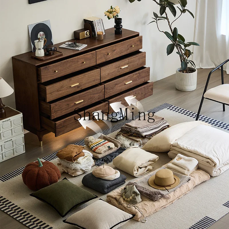 

FG solid wood drawer storage side cabinet log bedside cabinet black walnut eight bucket cabinet