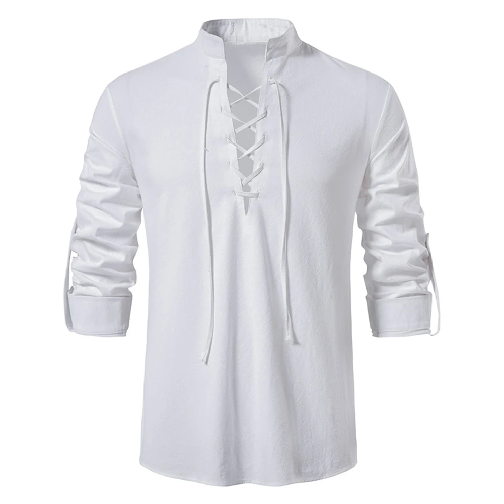 

Pirate Costume Shirt Shirt Fall Front Lace Up Long Sleeve Men Regular Shirt Solid Color Spring Summer Beach Tops