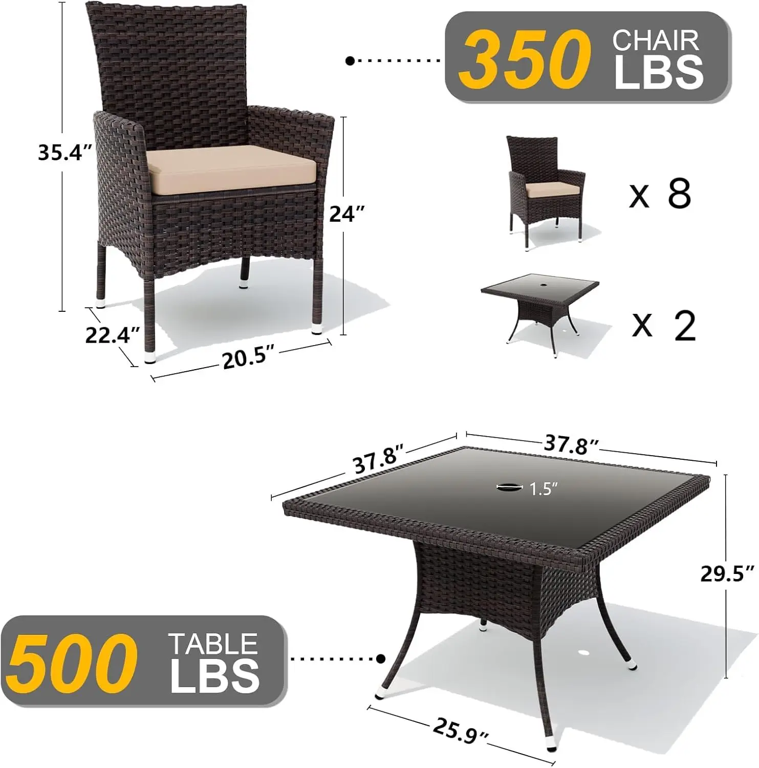 10 Piece Outdoor Dining Set All-Weather Rattan Patio Furniture with Umbrella Hole Tempered Glass Table & Chairs Removable Cushio