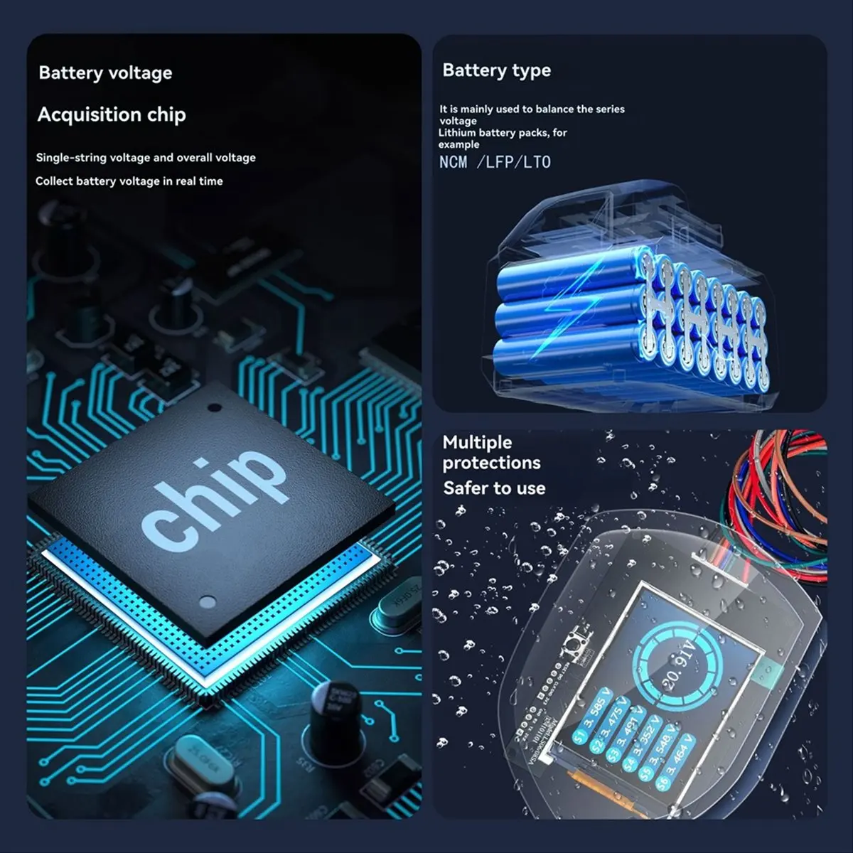 정시적인 8S 배터리 전압 획득 및 단일 스트링 전압, 리튬이온/리튬인산철/리튬토르늄산 배터리의 총 전압 표시
