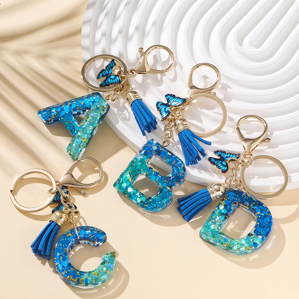 26 llavero con borlas y letras del alfabeto inglés, llavero colgante de mariposa de resina de cristal, accesorios de joyería para manualidades de regalo DIY para mujer