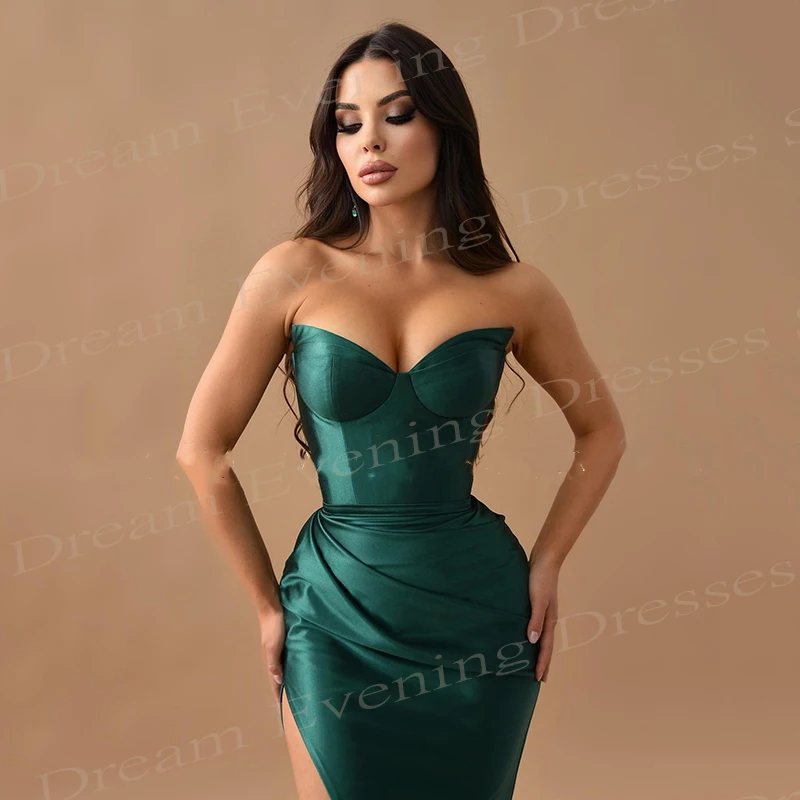 Graceful Dark Green Mermaid Simple Evening Dresses Sexy Strapless Sleeveless Stain Prom Gowns With Side Slit Vestidos De Noche