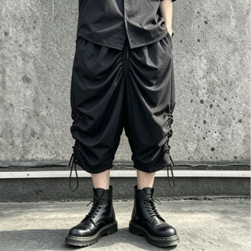 

Men'S Casual Pants, Pleated Cropped Pants, Loose Fit, Dark Style, Drawstring Wide-Leg Cropped Pants S04
