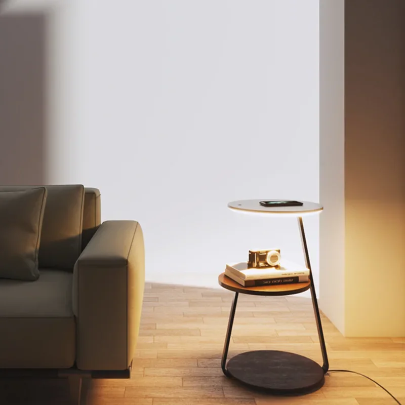 F-0356 Modern Smart Wood Metal Wireless Charging Led Night Light Bedroom Bedside Floor Lamp with Table Suitable for Furnishings