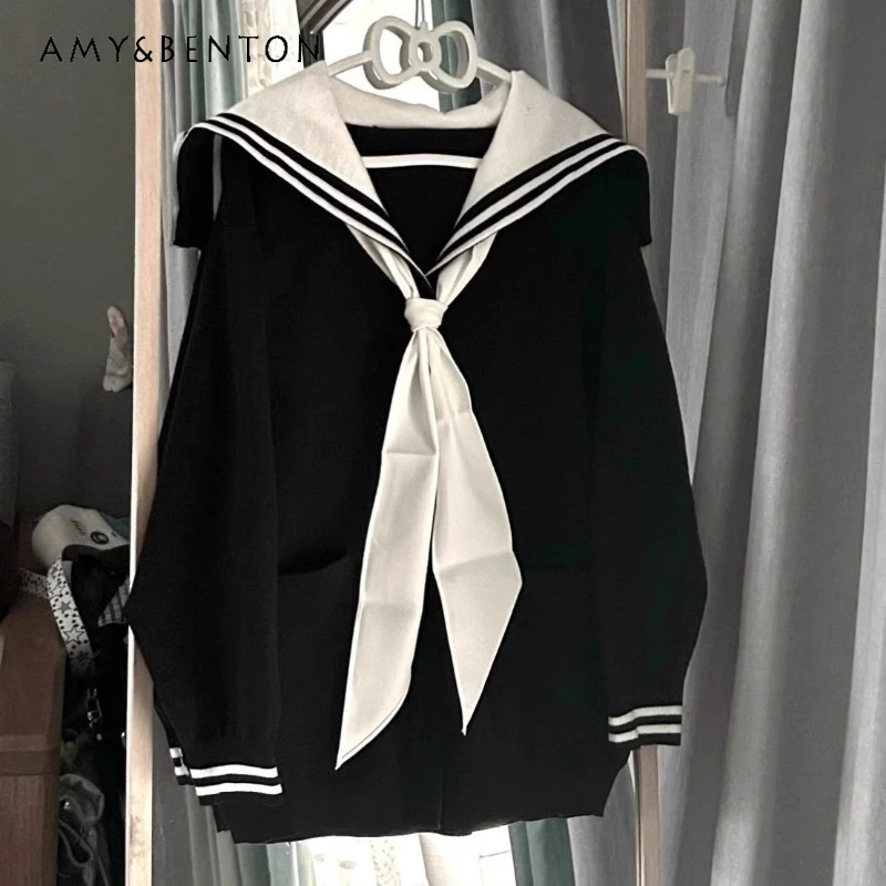 

Japanese Design Navy Collar Women's Clothing Autumn Winter New Black Subculture Loose Pullover Long Sleeve Sweatshirt Ladies