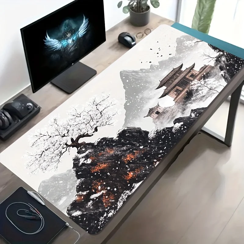 Large Chinese Style Snow Mountain Ancient Building Gaming Mouse Pad Non Slip Extended E-Sports Desk Mat For Laptop PC Game Offic