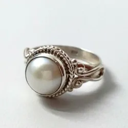 Retro imitation Thai silver trendy women's ring and pearl ring