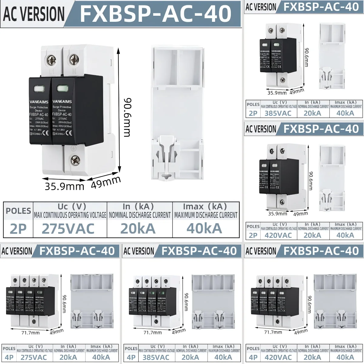 VaneAims AC SPD 2P 4P 275V/385V/420V House Lightning Surge Protector Protective Low Voltage Arrester Device 20KA 40KA