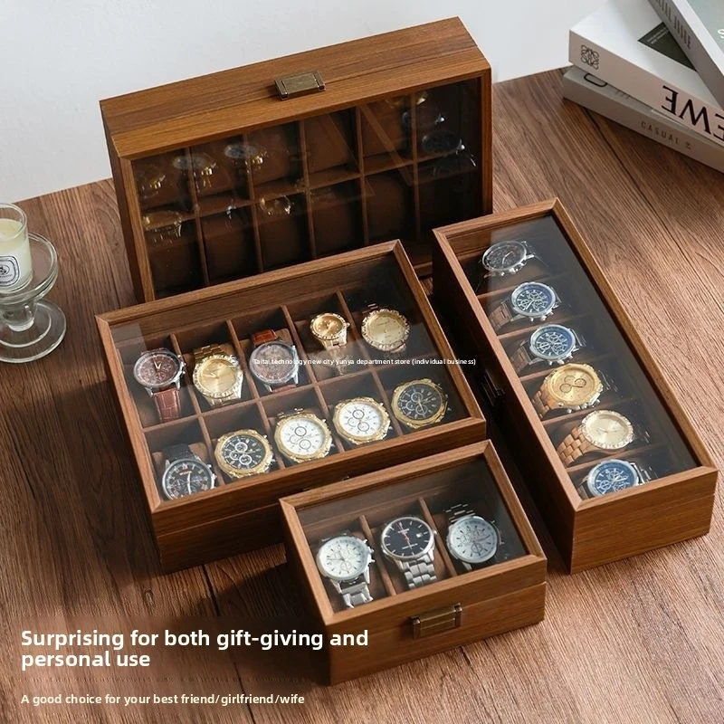 New Style Retro High-End Luxury Edition Flip Cover Box Walnut Grain Jewelry Box Multi-Window Glass Display Watch Storage Box