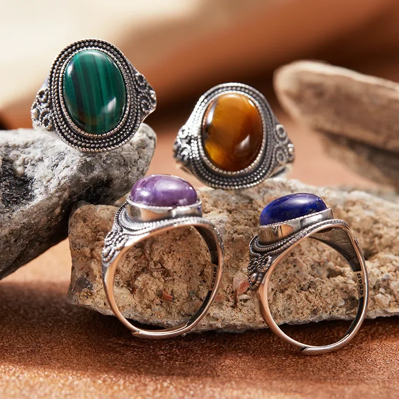 Personalized retro natural colored treasure malachite tiger eye blue gold gemstone ring women's S925 sterling silver index