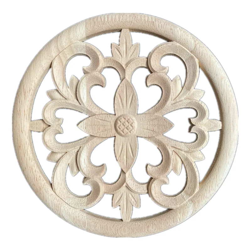 20cm Round Furniture Woodcarving Decor European Style Floral Wood Carved Door Cabinet Wooden Carved Decal Applique Decorative