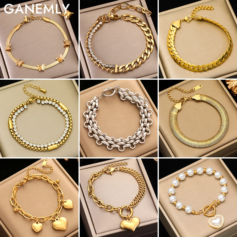 GANEMLY Waterproof Bracelet Bangles For Women Men Fashion New Stainless Steel Wrist Chain Jewelry Friend Gift Party pulseras