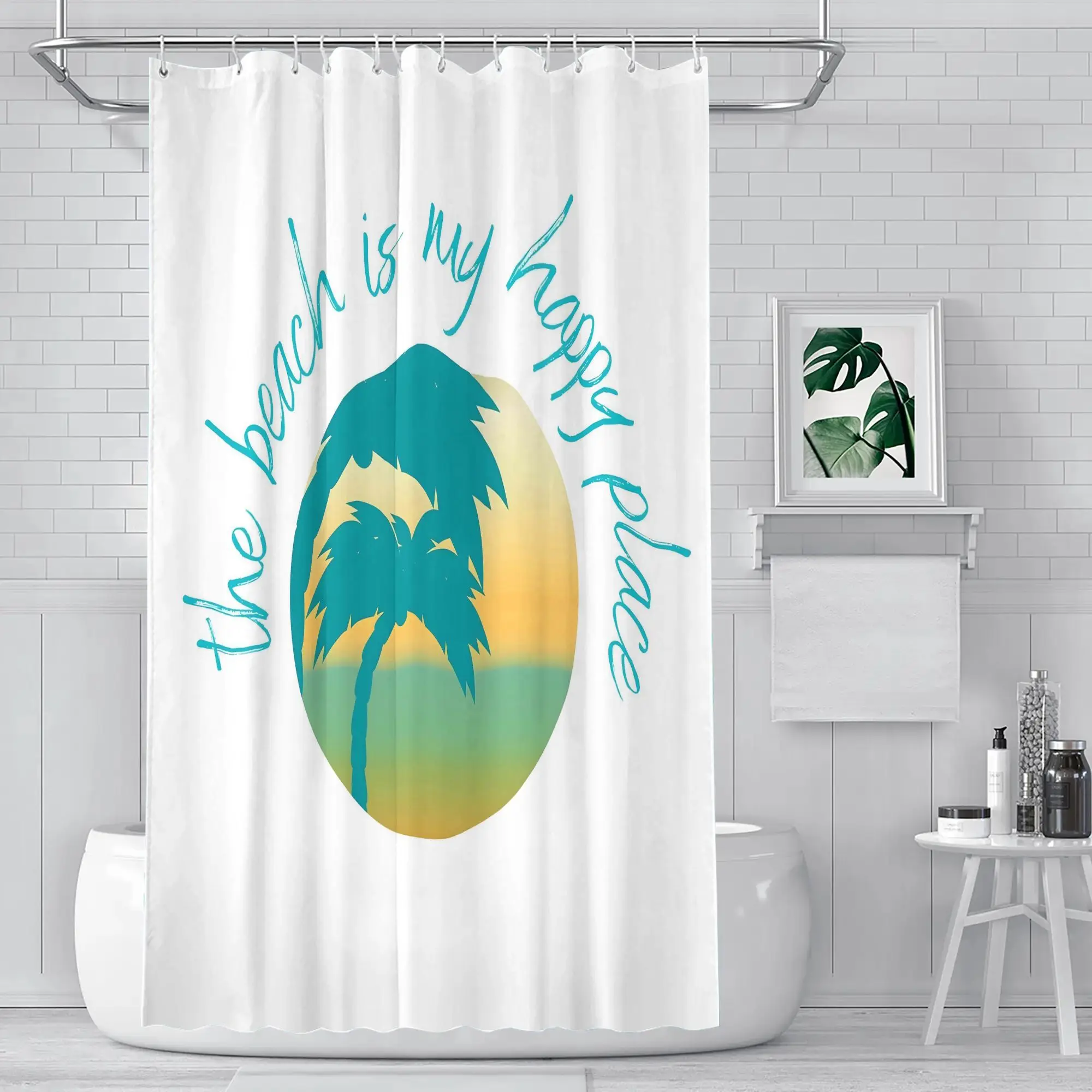 Tropical Beach Shower Curtain Happy Place Palm Tree Coastal Bathroom Decor Waterproof Shower Liner for Home Accent