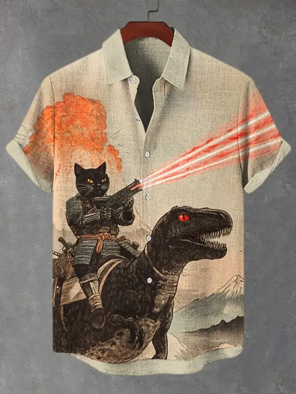 

Новое поступление, мужские рубашки с изображением кота, лазерного динозавра, гавайские рубашки с 3D принтом, повседневные пляжные топы, летние мужские и женские блузки с коротким рукавом