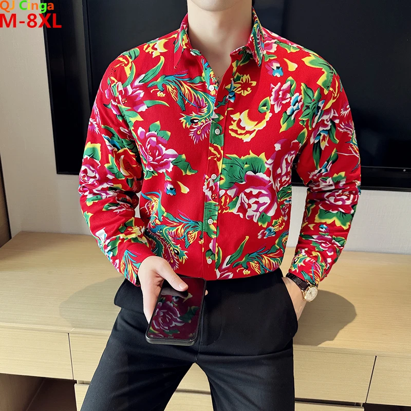 

8XL Red Printed Long Sleeve Shirts, Men's Single-Breasted Square Collar Shirt, Chinese Nostalgia Style Tops Camisa Male Chemise