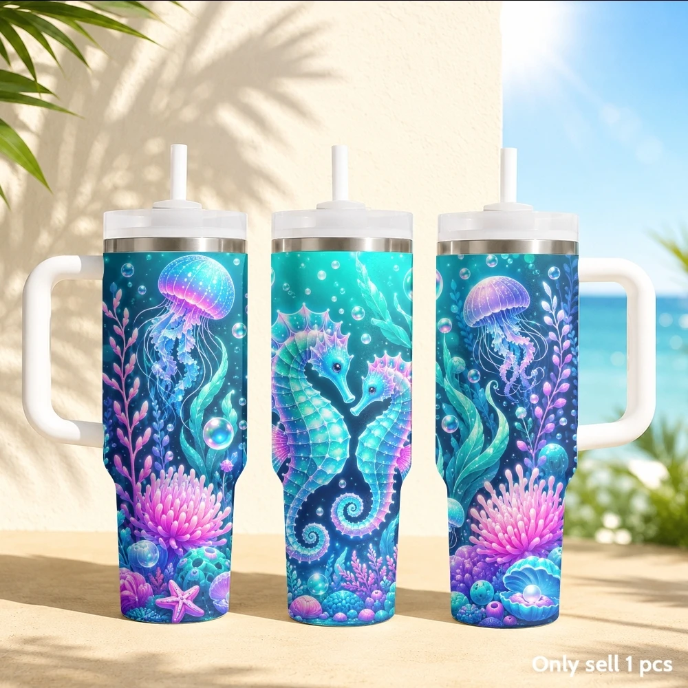 Dreamy blue ocean creatures Vacuum Flasks 40oz Stainless Steel Insulated Tumbler with Handle & Straw Leakproof Travel Mug