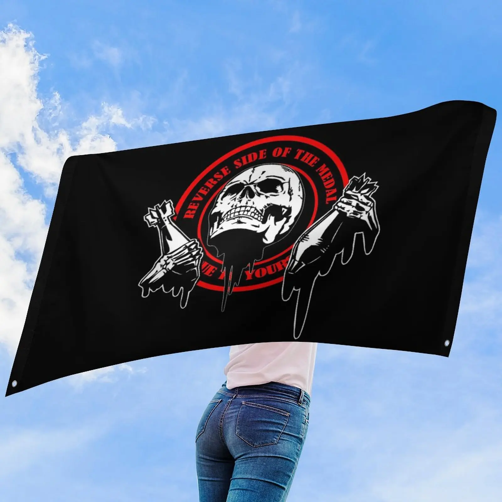 Black Skull Flag Tapestry Reverse Side of the Medal Skeleton Hands Holding Grenades Punk Rock Metal Music Festival Decor Display