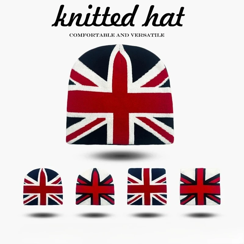 Herbst Winter Street Style UK Union Jack Jacquard Strickmütze Unisex Warme Mütze für kaltes Wetter Mode personalisierte Totenkopfmütze mit Bündchen