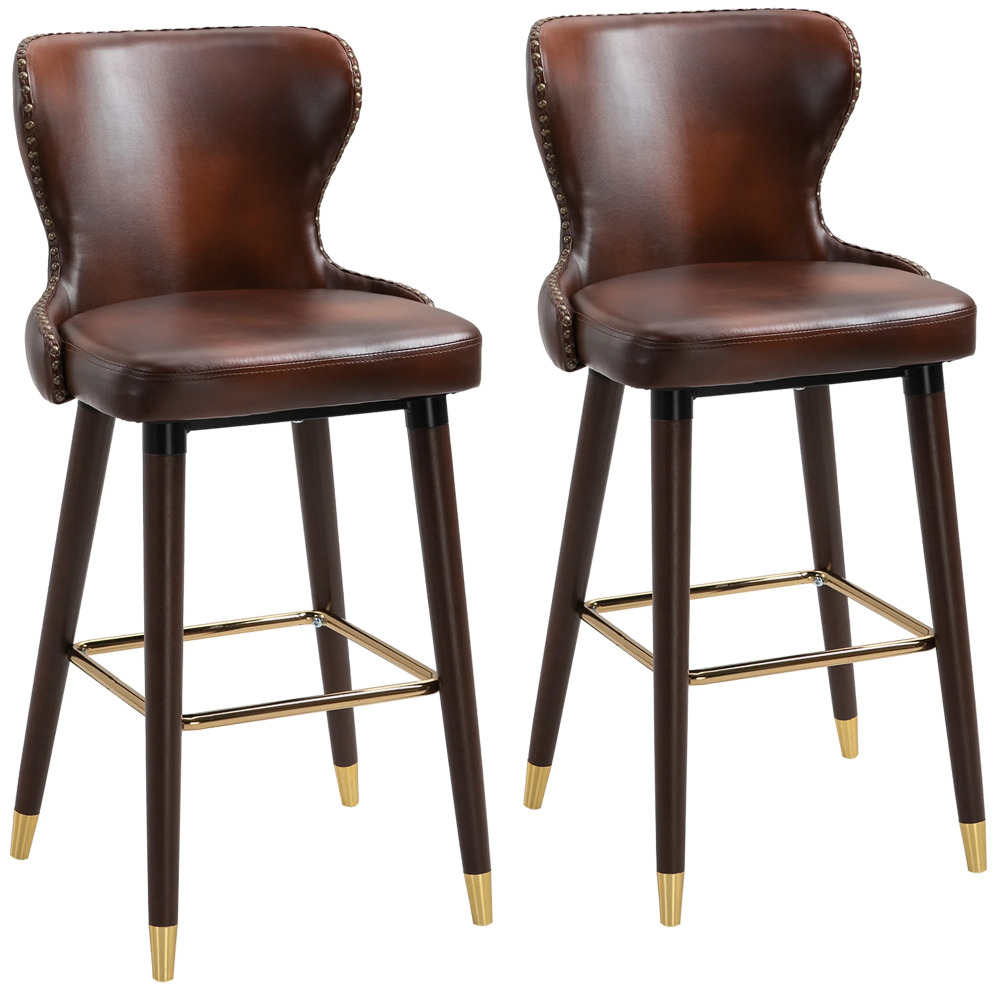 HOMCOM Luxury Bar Stools Set of 2 with Back, PU Leather Upholstery, Brown
