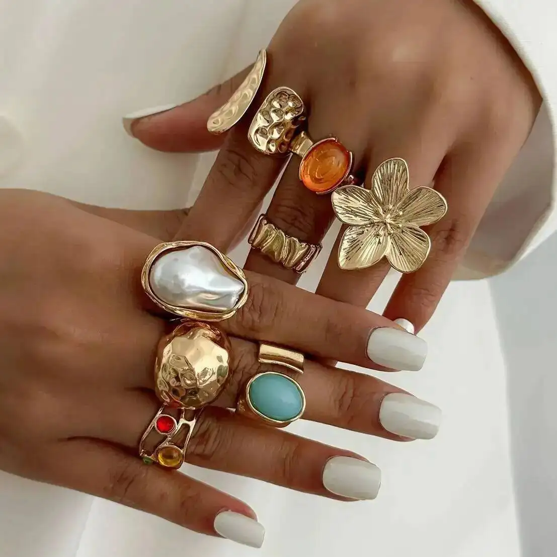 

KunJoe 8Pcs/Set Elegant Imitation Pearl Flower Open Ring for Women Boho Geometric Chunky Wide Knuckle Ring Wedding Party Jewelry
