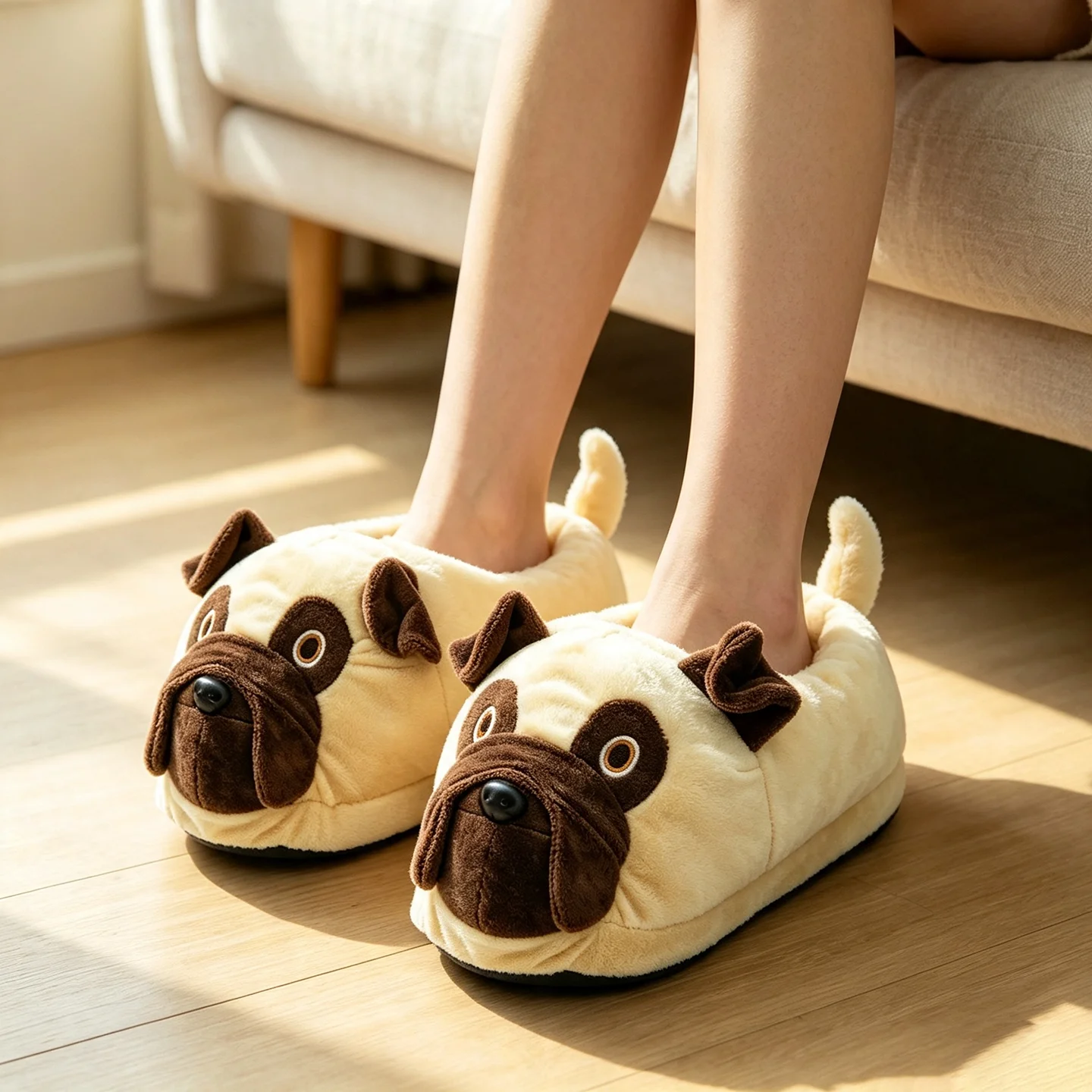 YanQing New Pug Plush Slippers Cute Cartoon Pug Dog Stuffed Slippers Funny Animals Furry House Slippers Birthday Gifts