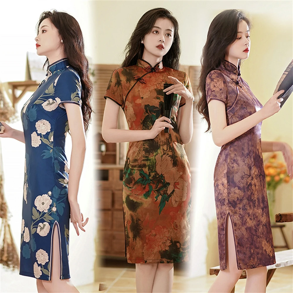 

Spring Summer New Cheongsam Slim Fashion Printed Qipao Dress Retro National Style Women's Performance Costume Evening Party Gown