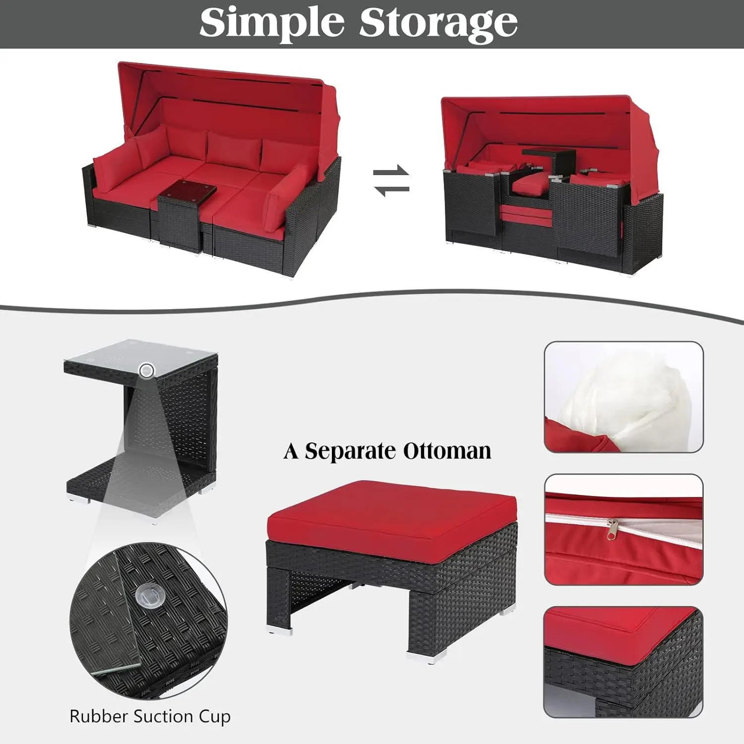 7 Pieces Patio Sets Daybed with Retractable Canopy,Rattan Sectional Sofa Set, Wicker Seating Chairs with Adjustable Backrest