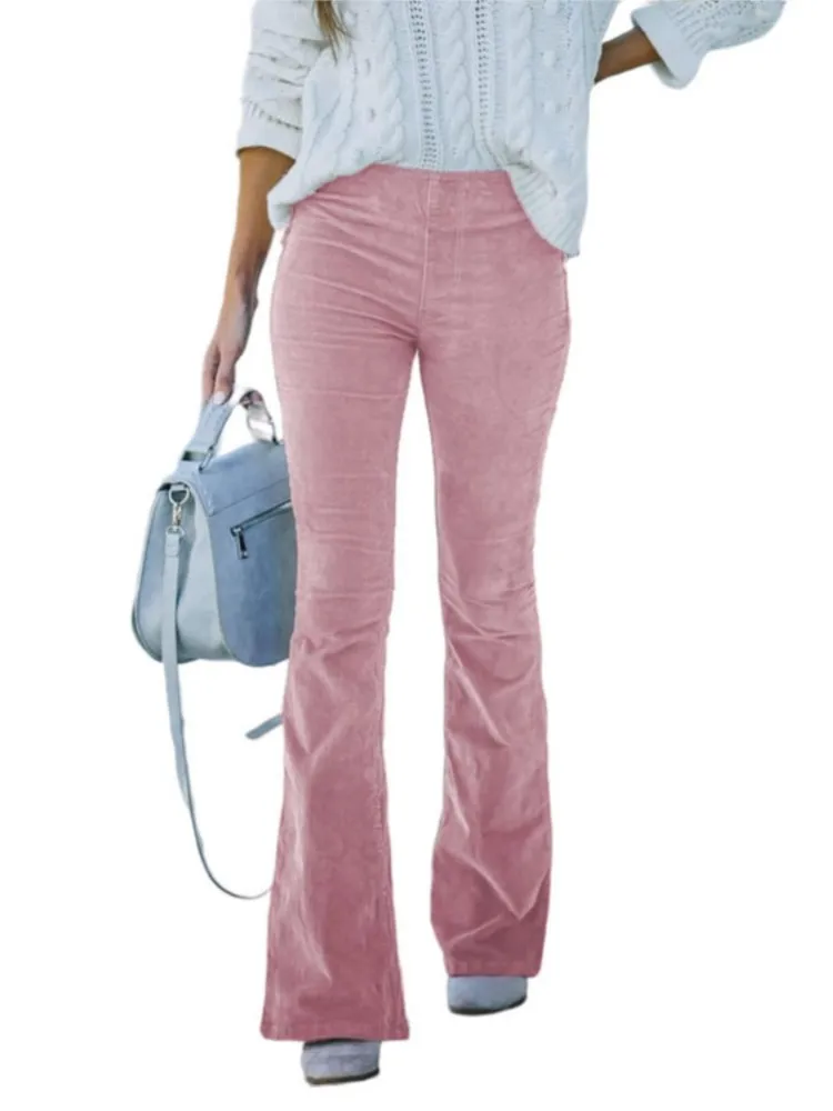 Spring Autumn Solid Color High Waist Slim Micro Flared Pants Women's Corduroy Elastic Waist Casual Long Pants Office Lady Pants