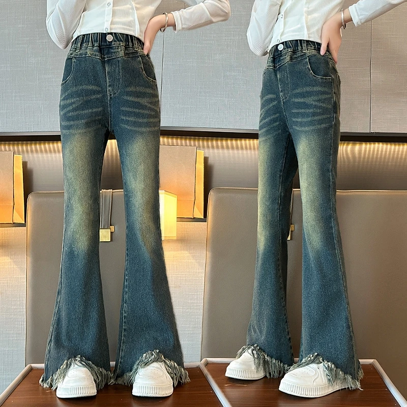 Girls' Spring Autumn Style Slimming Jeans 2024 New Korean Version Micro Flared Pants,  Gradient Washed Denim Jeans For Children