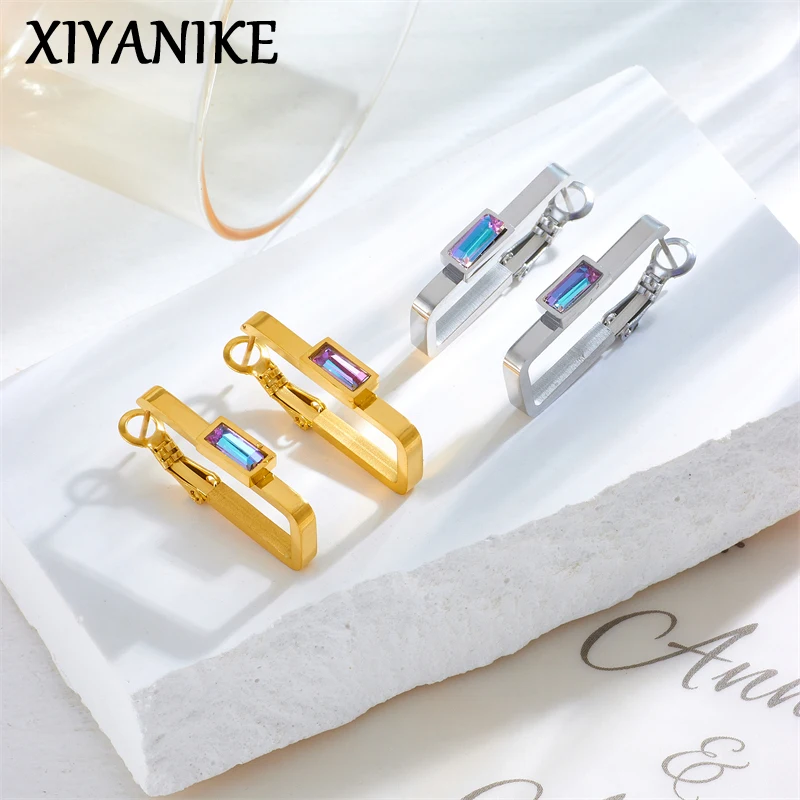 

XIYANIKE 316L Stainless Steel Colorful rectangle Hollow Exquisite Crystal Earrings For Women Wedding Anniversary Jewelry Gift